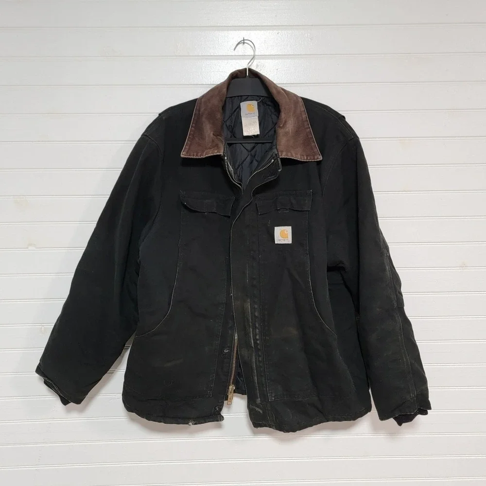 Carhartt Arctic Jacket Quilted Sz 48 Black Corduroy Collar Canvas Distressed Y2K